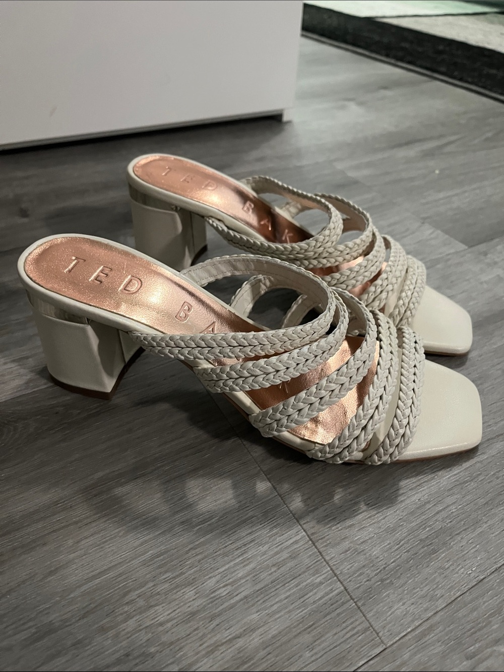 Ted Baker Cream Braided Strap Block Heel Mules